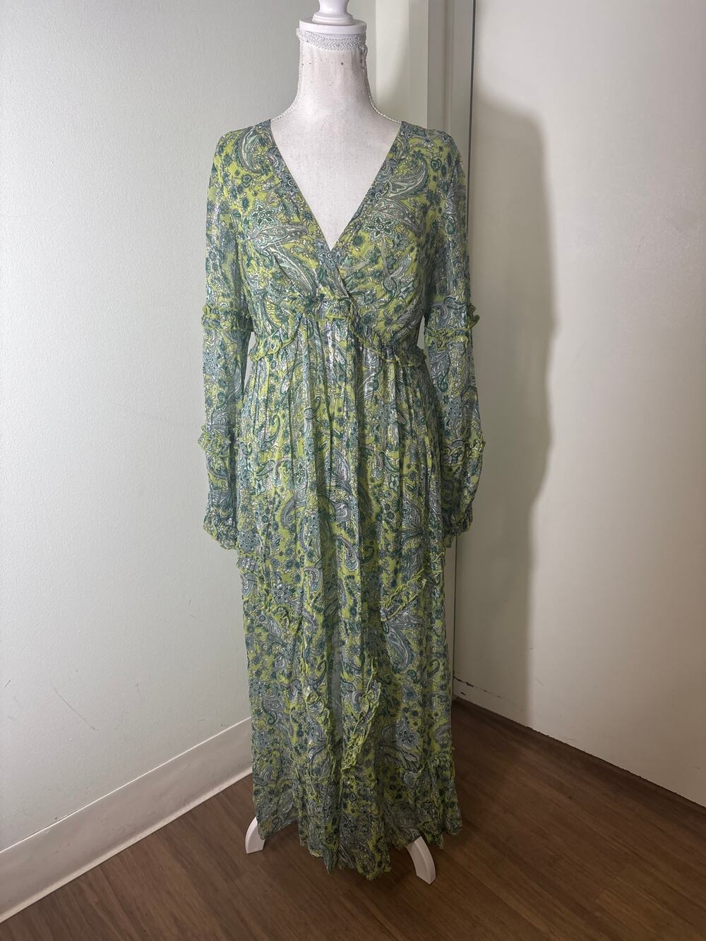 Ranna Gill Green Paisley With Silver Thread Maxi Dress Sz S